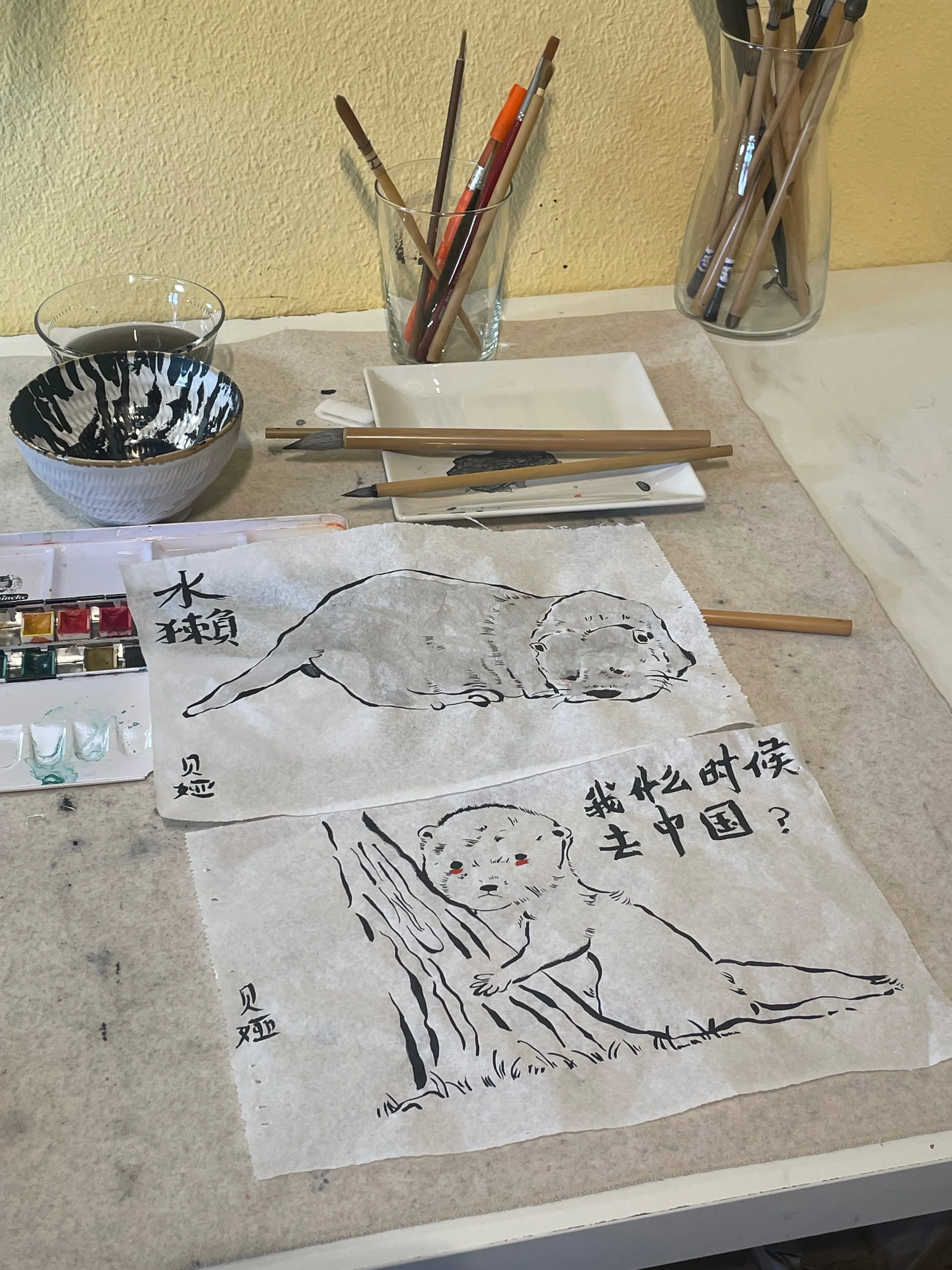 Chinese ink otter and monkey paintings