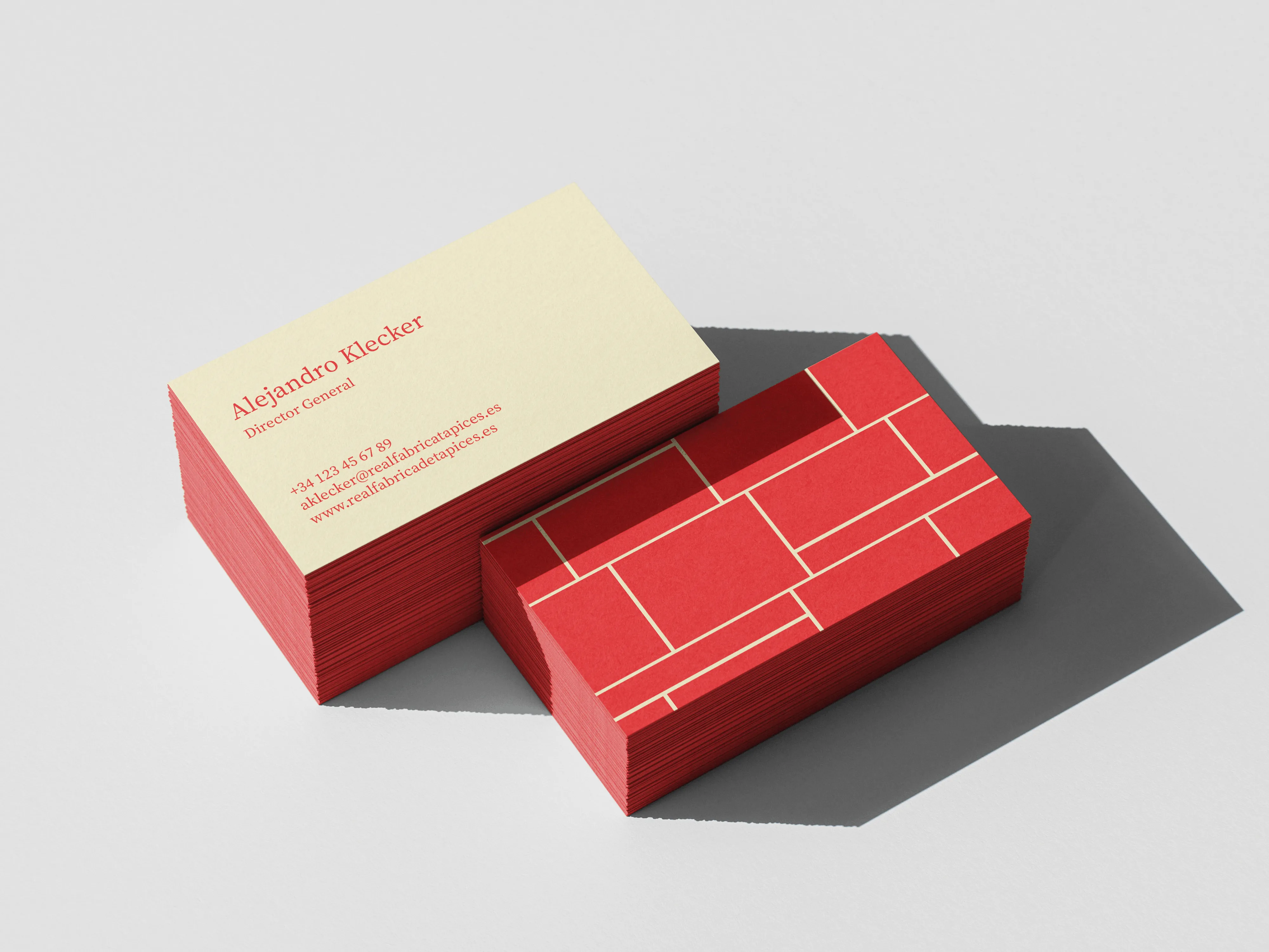 Business cards in red boxes
