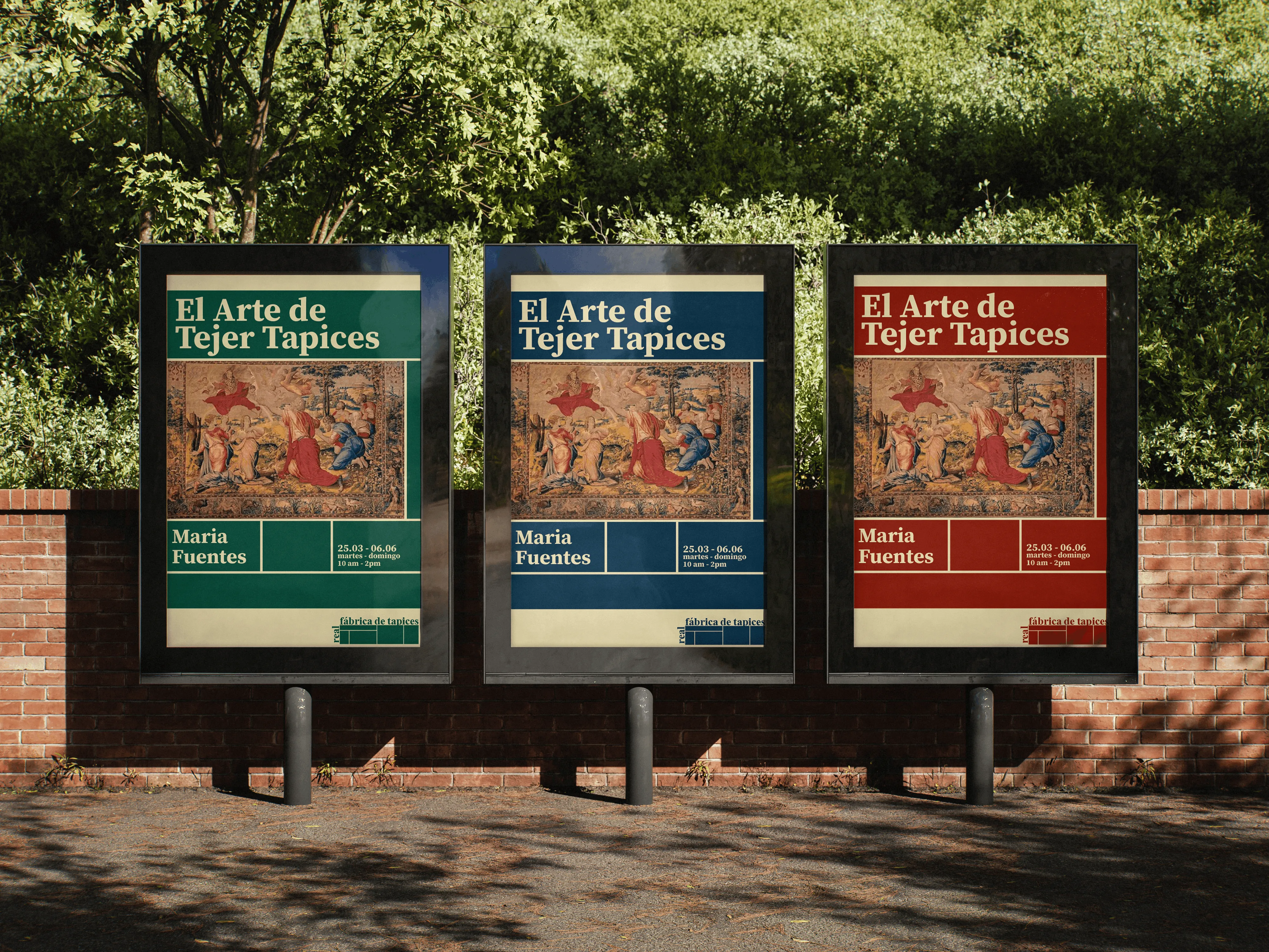 Three El Arte de Tejer Tapices exhibition posters on street